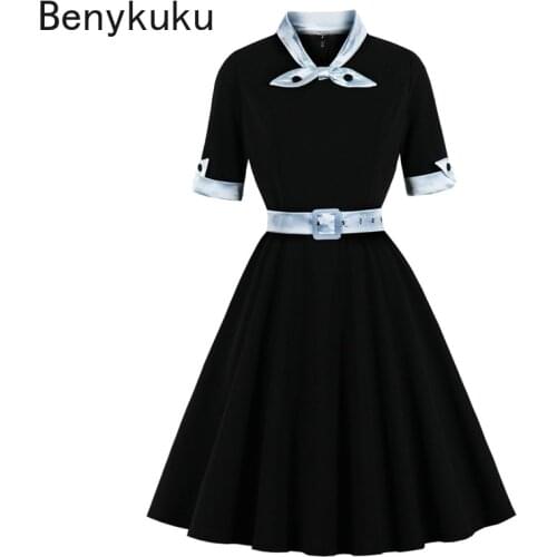 Bow Neck Black Vintage Autumn Winter Dress Female Robe Half Sleeve A Line Swing Dresses Belted Elegant Women Clothing Vestidos