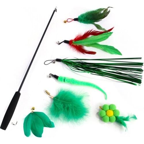 8pcs Green Color Cat Stick Set Feather Ball Replaceable Top Kitten Interactive Toys Training Tool Pet Supplies Cat Playing Tease