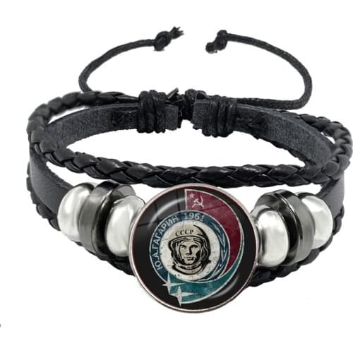 CCCP Soviet Badges Russia Black Leather Button Bracelet Space Flight Universe USSR Soviet Communism Symbol Charm Bangle For Gift