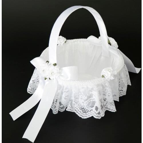 Elegant Satin Flower Girl Basket With Lace Artificial Flower Crystal