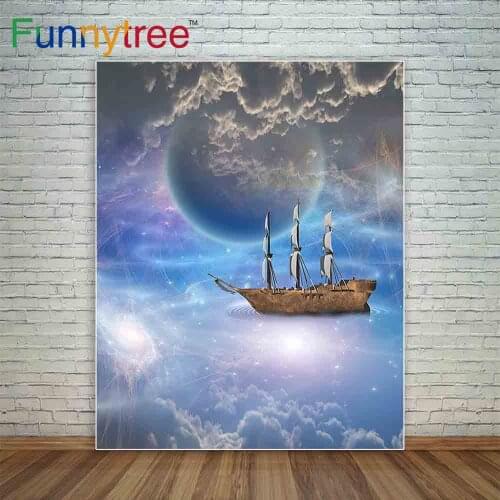 Funnytree photography backdropsSailing ship with full sails in fantastic space scene with clouds and moon photocall photography