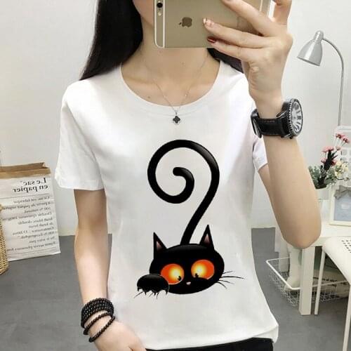 Harajuku women funny black cat printed T-shirt summer fashion tops Femme clothing T shirt casual streetwear short-sleeved Tshirt