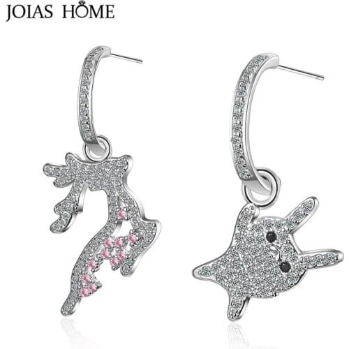 JoiasHome Trendy Silver 925 Jewelry Gemstones Earrings for Women Female Asymmetric Ear drops Elk Deer Animal Lovely Sweet Gift