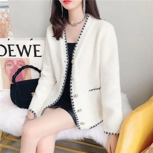 Women Sweet V-Neck Short Cardigans New Fake Mink Long Sleeve Knitwear Outwear Casual Single Breasted Knitted Cardigans Jacket