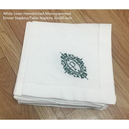Set of 12 Fshion Monogrammed Dinner Napkins White linen Hemstitch Table Napkins 20"x20"Ladder Embroidered Initial P Tea Napkins