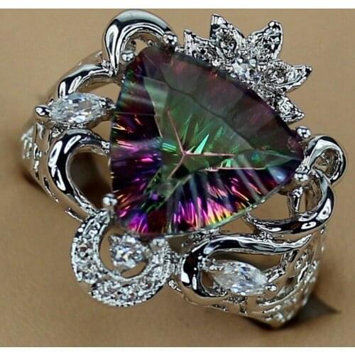 Fleure Esme Engagement wedding rings for men and women accessories Office Rainbow Cubic Zirconia Rhodium Plated R3331 size 6 7 8