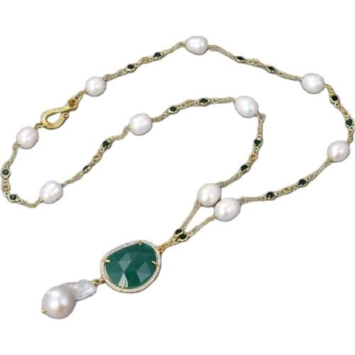 GG Jewelry 26'' White Rice Pearl Green Crystal Chain Necklace Keshi Pearl Pendant