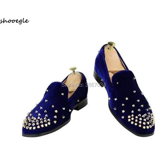 SHOOEGLE Men Wedding Shoes Spikes Embellished Loafers Blue Black Leather Flats Rivets Studded Shoes Party Shoes Men