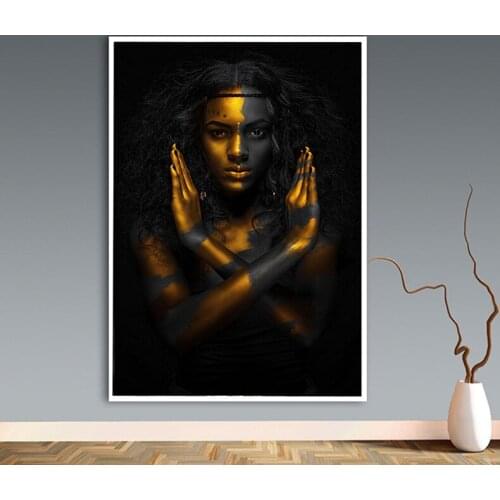 Scandinavian African Art Black And Gold Woman Oil Painting On Canvas Posters And Prints Wall Art Picture For Living Room Decor