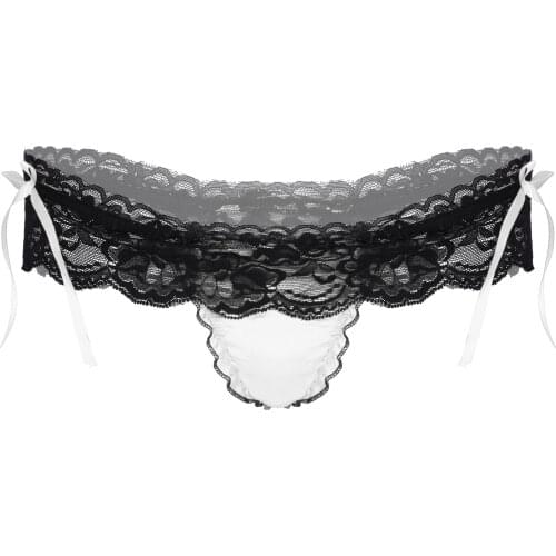 Men Ruffled Lace Skirted Panties Patchwork G-string Bowknot T-back Low Waist Sexy Panties Elastic Waistband Thongs Gay Underwear