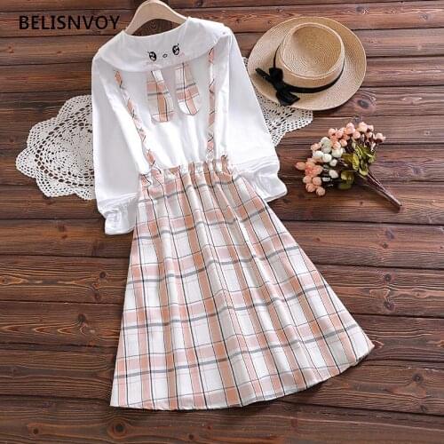 Japanese Preppy Style Spring Women Dress Gray Pink Plaid Rabbit Embroidery School Uniform Elegant Cute Kawaii Girls Dress