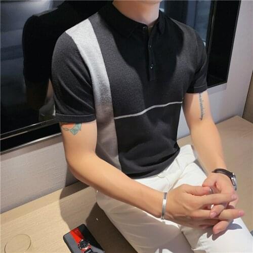 High quality mens knitted polo, short sleeve polo splicing, business casual Lapel top, tights, m-3xl, 2021