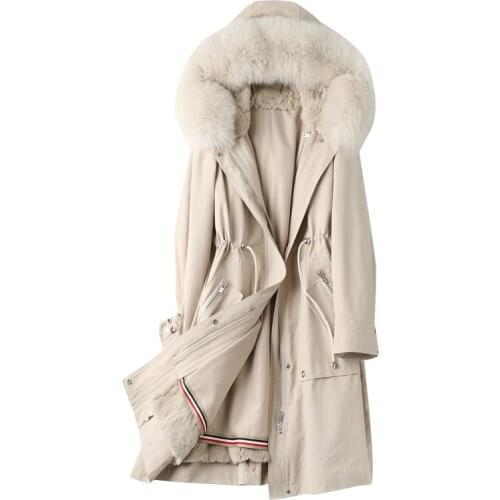 Winter Parka Coat Real Fox Fur Collar Rex Rabbit Lining Women Warm Long Outerwear LF21009KQN