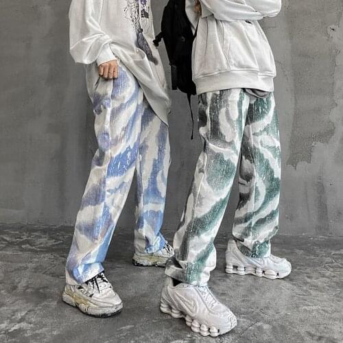Ins style pants women Batik color White Green Blue Loose Straight trousers couple lovers Hiphop