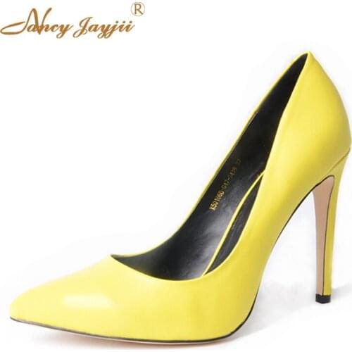 2021 Spring Summer Elegant Genuine Leather Ladise Nude Yellow Pumps Pointed Toe Thin High Heel Women Normal Size 9 Dress Shoes