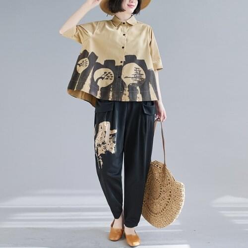 Spring 2021 Creative Print Women Two Piece Sets Turn-down Collar Tops Shirts And Trousers Casual Elastic Waist Harem Pants Suits