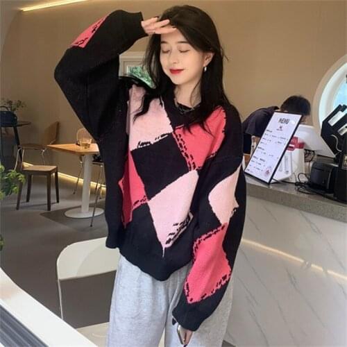 WHOUARE Women Knitted Sweater Autumn Long Sleeve Female Clothing Korean Version Contrast Diamond Sweater Age-Reducing Leisure