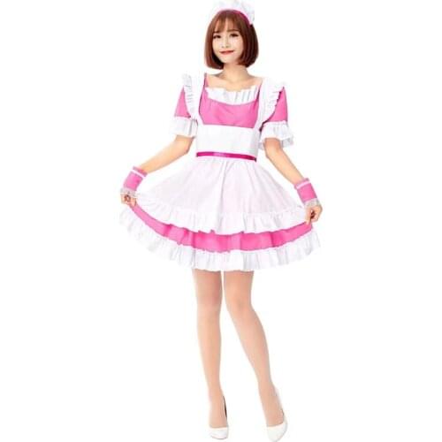 Pink Cute Women Japanese Maid Cosplay Female Halloween Housekeeper Waitress Costumes Purim Nightclub Bar Role Play Party Dress