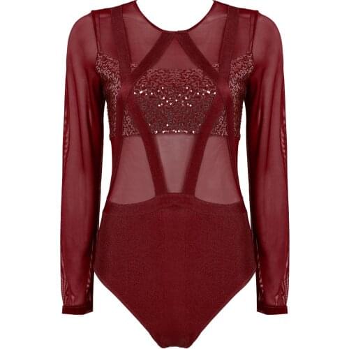 ChicTry Women Dancewear Stage Performance Costume Long Sleeves Shiny Sequins Mesh Splice Ballet Gymnastics Leotard Bodysuit