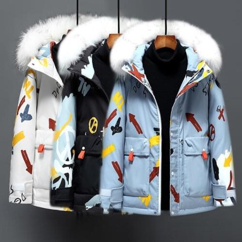 Winter Men Print Warm Puffer Jacket Fur Collar Hooded White Duck Down Parkas Coat Fashion Couples Thick Outerwear Snow Overcoat