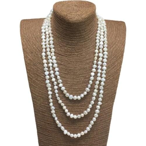 3 rows real pearl 6x7mm white necklace flat baroque Freshwater PEARL Women Jewelry 43cm 17