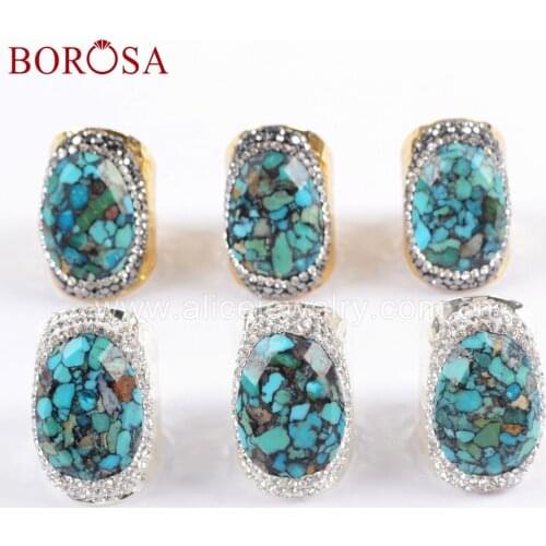 BOROSA 5PCS Gold Plated Silver Color Natural Turquoises Druzy Ring Crystal Rhinestone Pave Natural Blue Stone Rings Jewelry