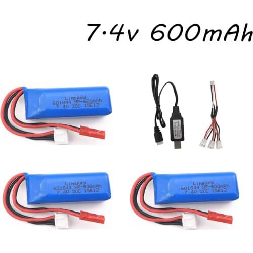 7.4V 600mAh 20c Lipo Battery and Charger Set for WLtoys K969 K979 K989 K999 P929 P939 RC Car Spare Parts 2s 7.4v 601844 Battery