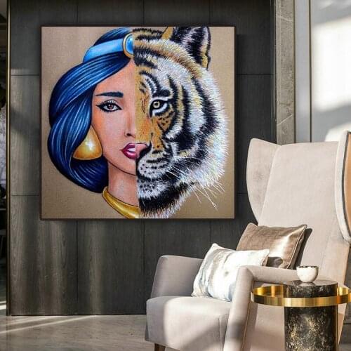 Abstract Tiger and Woman Portrait Oil Painting on Canvas Art Scandinavian Posters and Print Cuadros Wall Picture for Living Room