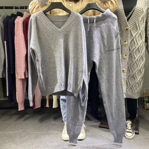 Brand Korean Design Female Suits Knitted Two Pieces Set Female Long Harem Pants Elegant Ladies Sweater Tracksuit S0205
