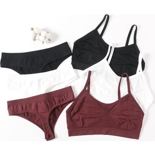 Women Bra And Thongs Cozy Bra Top Set Unlined Underwear Female Sexy Lingerie Bralette G-String Seamless Bra Panties Set Crop Top