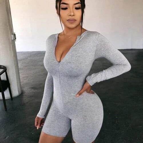 Cotton Black Gray Bodycon Playsuit Women Wear On Both Sides Sexy Tight Jumpsuit 2021 Zip Up Party Club Romper Jumpsuits Shorts