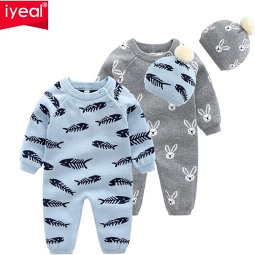IYEAL Baby Boys Rompers With Hat Autumn Newborn Girls Jumpsuits Long Sleeves Infant Bebe Overalls Knitted Toddler One Piece Wear