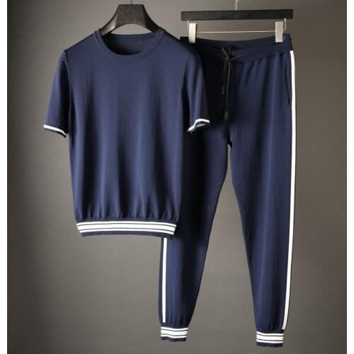 Classic Summer Mens Sets (t-shirt+pants) Luxury Knitted Short Sleeve Casual Male Sets Fashion Fit Sport Casual Man Sets 4XL