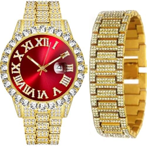 Iced Out Chains Bracelet Watch for Men Iced Out Watch Jewelry Set for Men Hip Hop Gold Diamond Luxury Mens Watch Dropshipping