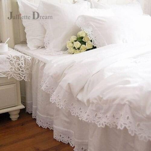 Hot European bedding set white hollow out embroidery bedding princess duvet cover cotton ruffle bedspread lace bed quilt cover