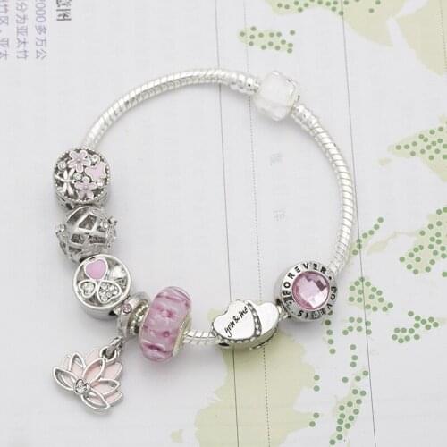 New style DIY pink flowers glass beads Lotus pendant series womens bracelet