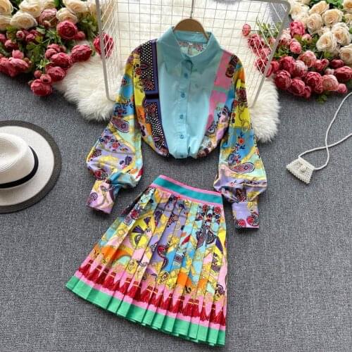Autumn Suits Women National Trench Vintage Printed High Waist Pleated Skirt Fashion Set Office Ladies Two Piece Dress Set Outfit
