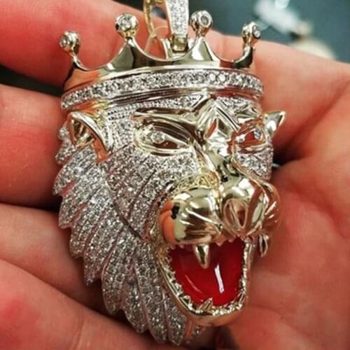 Milangirl Necklaces & Pendants Mens Full Iced Out Rhinestone Lion Tag Pendant Cuban Chain Hip Hop necklaces pendants
