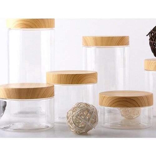 HOT Empty Transparent Plastic Bottle Body with Wooden Lid Coffee Kitchen Tea Storage Bottles Container Food U4F0
