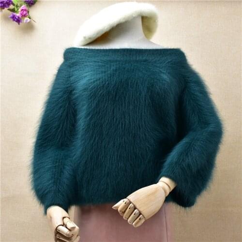 Heavy thick female women hairy fuzzy mink cashmere slash neck seven puff sleeve loose pullover angora rabbit fur jumper sweater