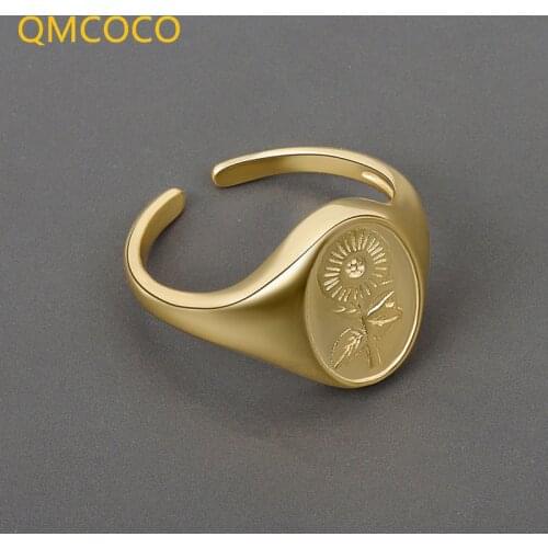 QMCOCO 925 Sterling Silver Rings For Women Flower Pattern Vintage Trendy Jewelry Open Adjustable Simple Female Rings