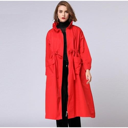 Autumn Women Long Trench Coat Waist Drawstring Turtleneck zipper Coat loose elegant fashion Trench Windbreaker female Outfit 4XL