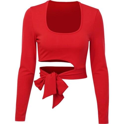 Women Casual Round Neck Long Sleeve T-Shirt Irregular Bandage Crop Top tshirt O-Neck Long Sleeve womens shirts