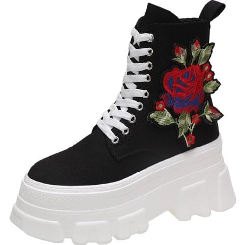 Womens Embroidery Flroal Ankle Boots Platform Wedge High Heel Shoes Punk Motorcycle Retro Black White New 2022