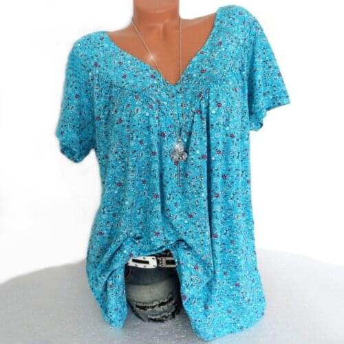 Women Summer Short Sleeve Floral Print Loose Blouses Shirts V-neck Casual Tops Blouse