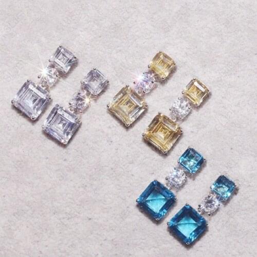 SLJELY Fashion 925 Sterling Silver Blue Yellow White CZ Square Zircon Stones Earrings for Women Luxury Party Jewelry