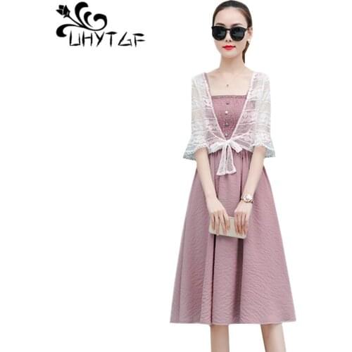 UHYTGF Summer skirt set Womens Fashion Sling sexy dress and Lace shawl top women skirts set Cute girl elegant two piece set 79