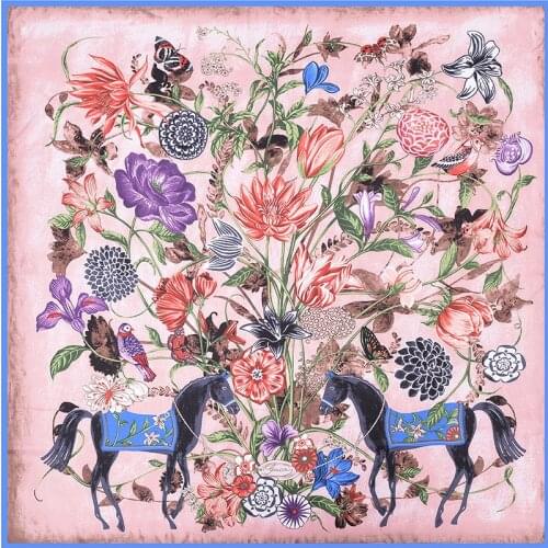 130X130cm Women Twill Silk Scarves Beautiful Printing Flower With Horse Travel Bandana Big Size Square Ladies Scarves Headscarf
