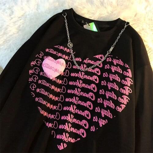 Letter Heart Graphic Print With Chain Sweater Women Autumn Loose Vintage Hip Hop Street Fashion Harajuku Black Punk Vero Tops
