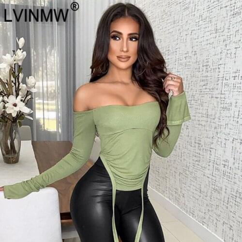 LVINMW Slash Neck Flare Sleeve Split Solid Simple Crop Top Lace Up Irregular Casual Fashion Tops Women Pleated T Shirts Street